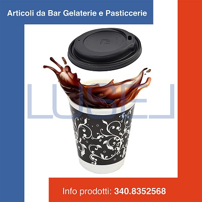 (a38) PZ 100 BICCHIERI 450 ML IN CARTA DECORATO + PZ 100 COPERCHIO NERO CON BECCUCCIO PER CAFFE AMERICANO E CAPPUCCINO