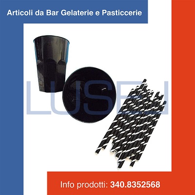 h KIT PZ 60 BICCHIERE CC 400 IN PLASTICA NERA RIGIDA RIUTILIZZABILE + 150 CANNUCCE IN CARTA NERA DECORATA