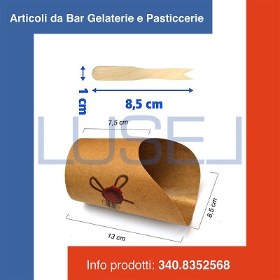 (a08) KIT PZ 100 ASTUCCIO PORTA PATATINE E FRITTI IN CARTA + PZ 100 FORCHETTINE IN LEGNO CM 8,5 PER PATATINE